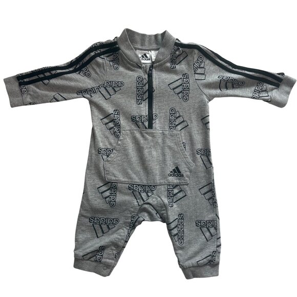 Adidas Baby Unisex Gray Long Sleeve Logo Coverall Tracksuit Romper 6M - Picture 1 of 10